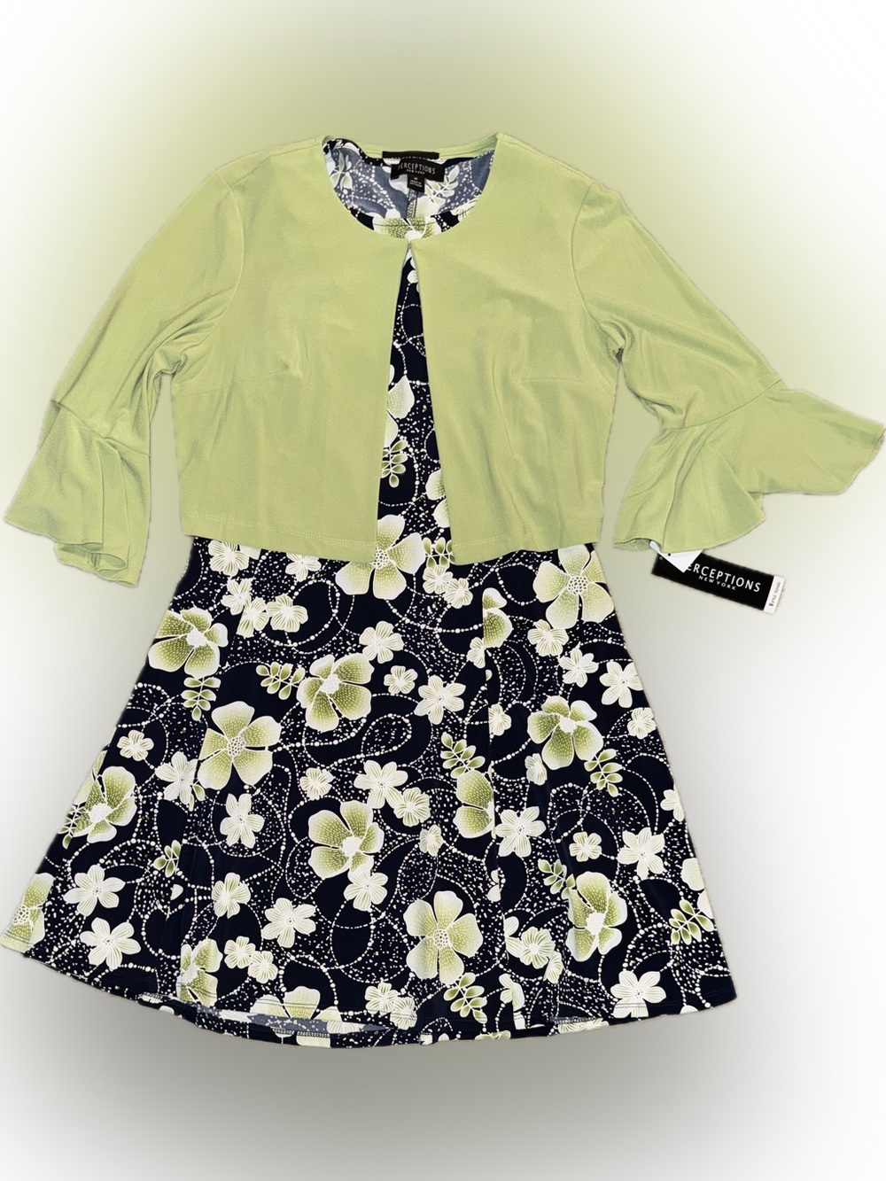 Perceptions Navy Floral Dress with Lime Green Shrug